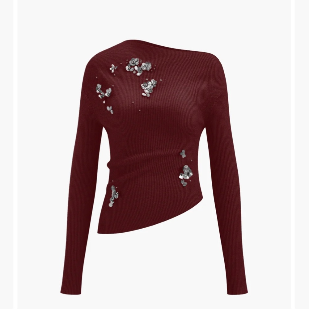 Chic Burgundy Asymmetrical Blouse and matching Skirt with Embellishments